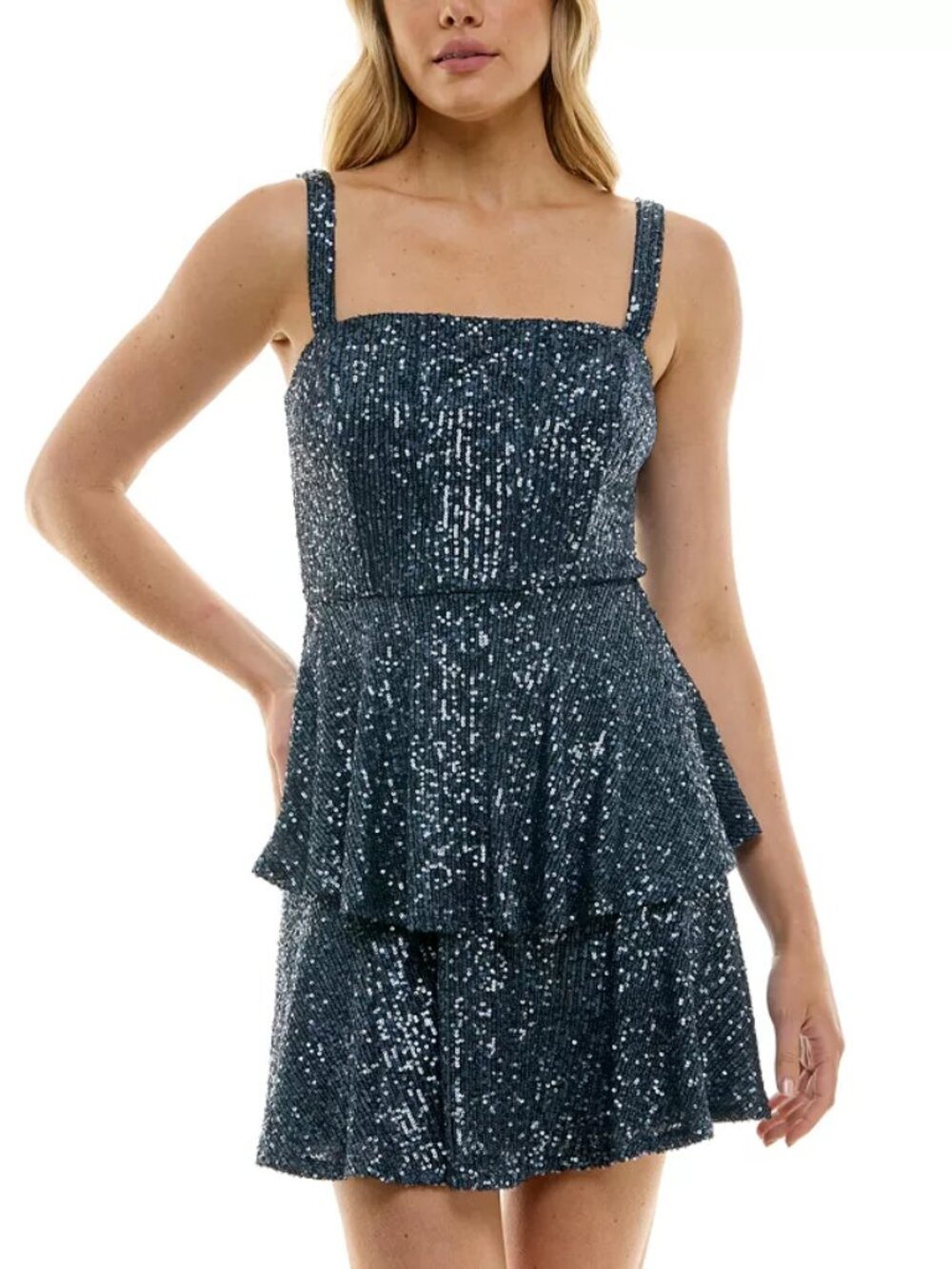 Trixxi Juniors' Sequin Embellished Tiered Sleeveless A-Line Dress Sequined Navy